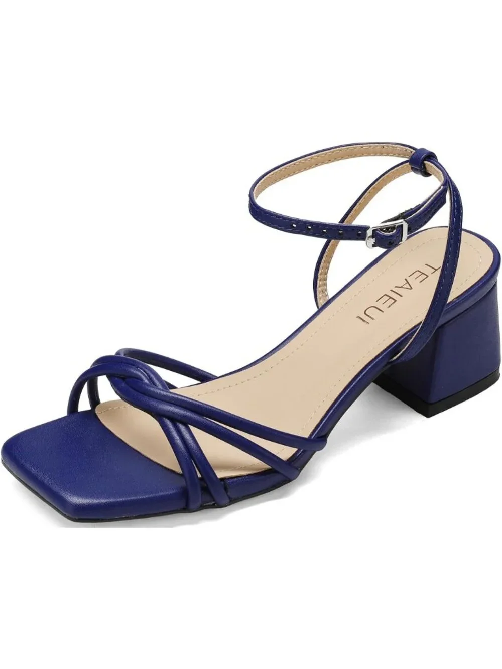 Women's Navy Square Open Toe Strappy Ankle Strap Stylish Low Chunky Heel Sandals